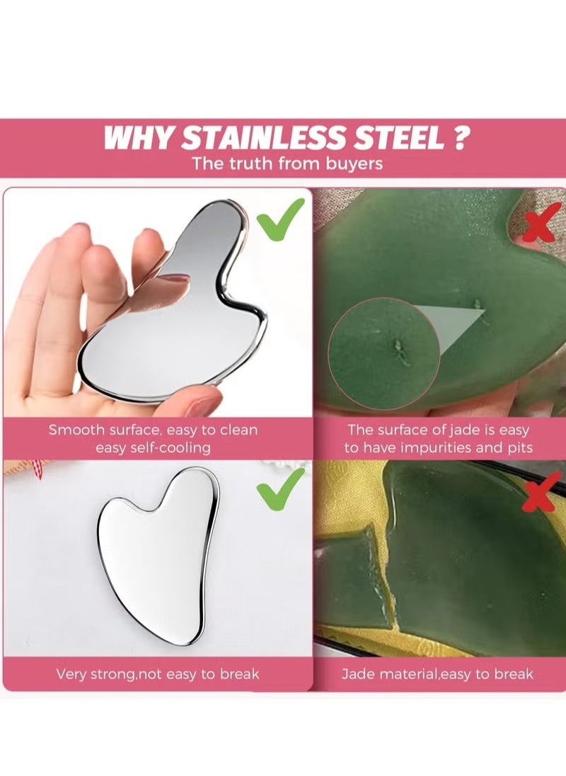 Generic Gua Sha Facial Tool, Stainless Steel GuaSha Face Lift Massage Beauty Metal Skin Care Board Scraping Self Skincare Lymphatic Drainage Massager Lift Anti-Aging & Wrinkles Jawline Exerciser Tools  - Image 4