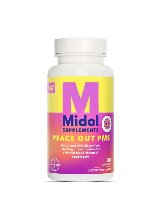 MIDOL Supplements Peace Out PMS, PMS Support Supplement, Formulated with Chasteberry to Help Ease Breast Tenderness & Mild Mood Changes, Also with Ginger Powder & Valerian Extract, 30 Count - Image 1