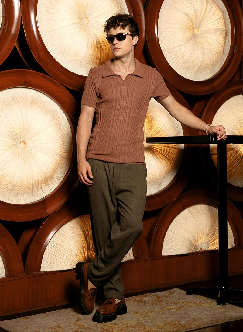 Campus Sutra Men's Russet Brown Striped-Textured Polo T-Shirt