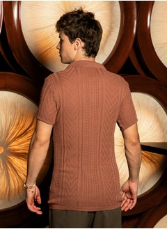 كامبوس سوترا Men's Russet Brown Striped-Textured Polo T-Shirt  - Image 5