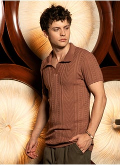 كامبوس سوترا Men's Russet Brown Striped-Textured Polo T-Shirt  - Image 3