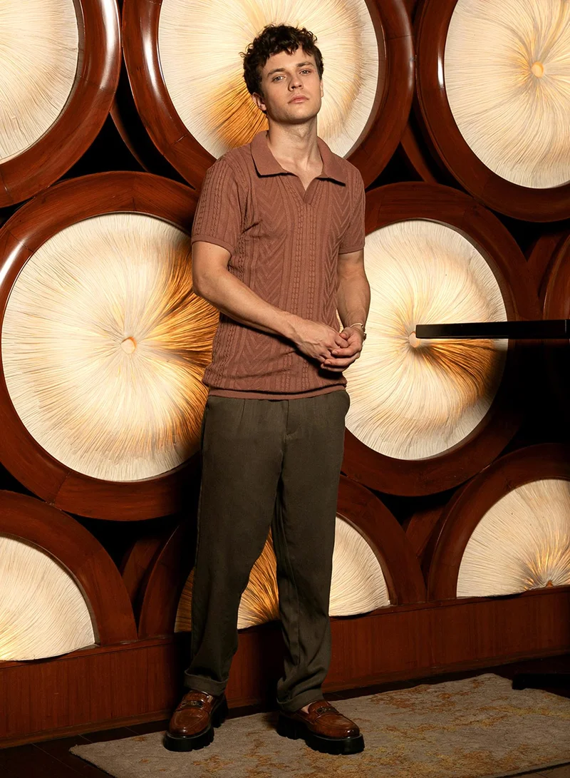 Campus Sutra Men's Russet Brown Striped-Textured Polo T-Shirt