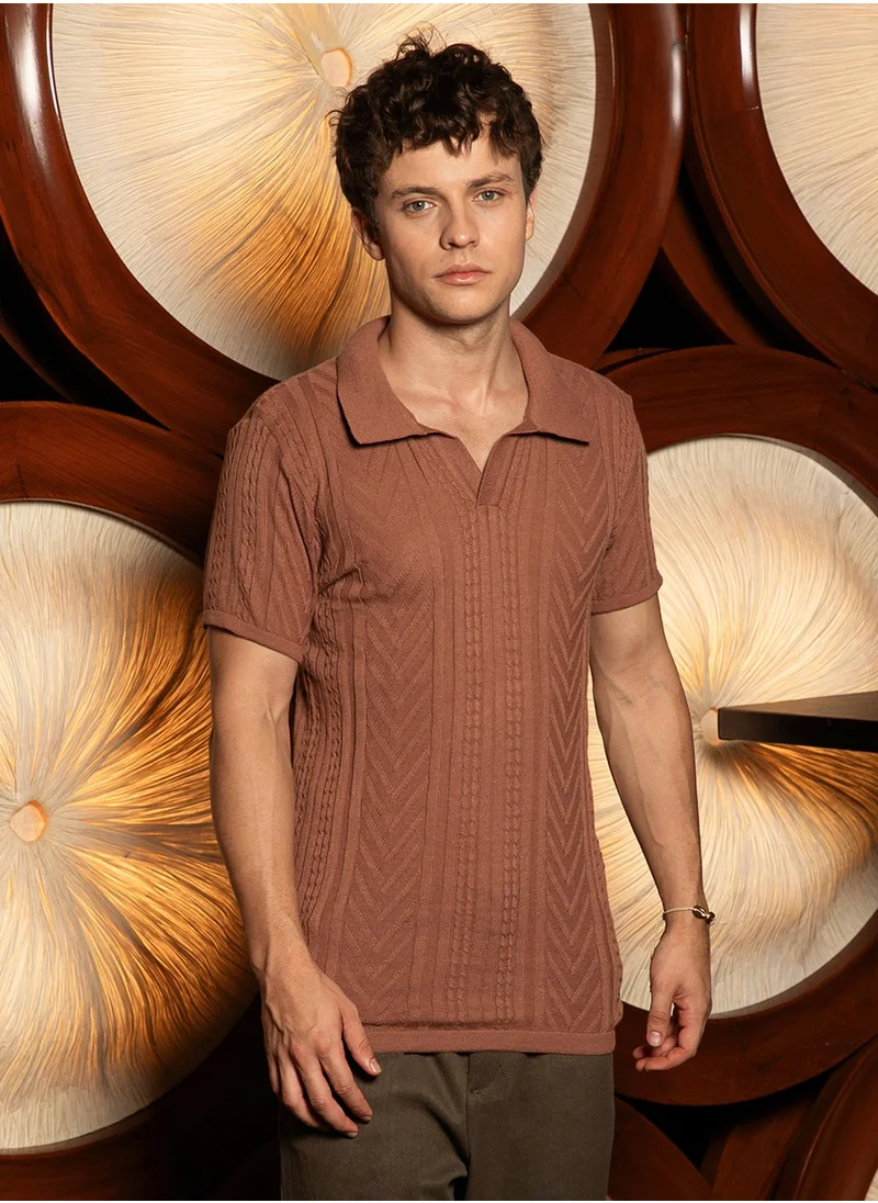 كامبوس سوترا Men's Russet Brown Striped-Textured Polo T-Shirt