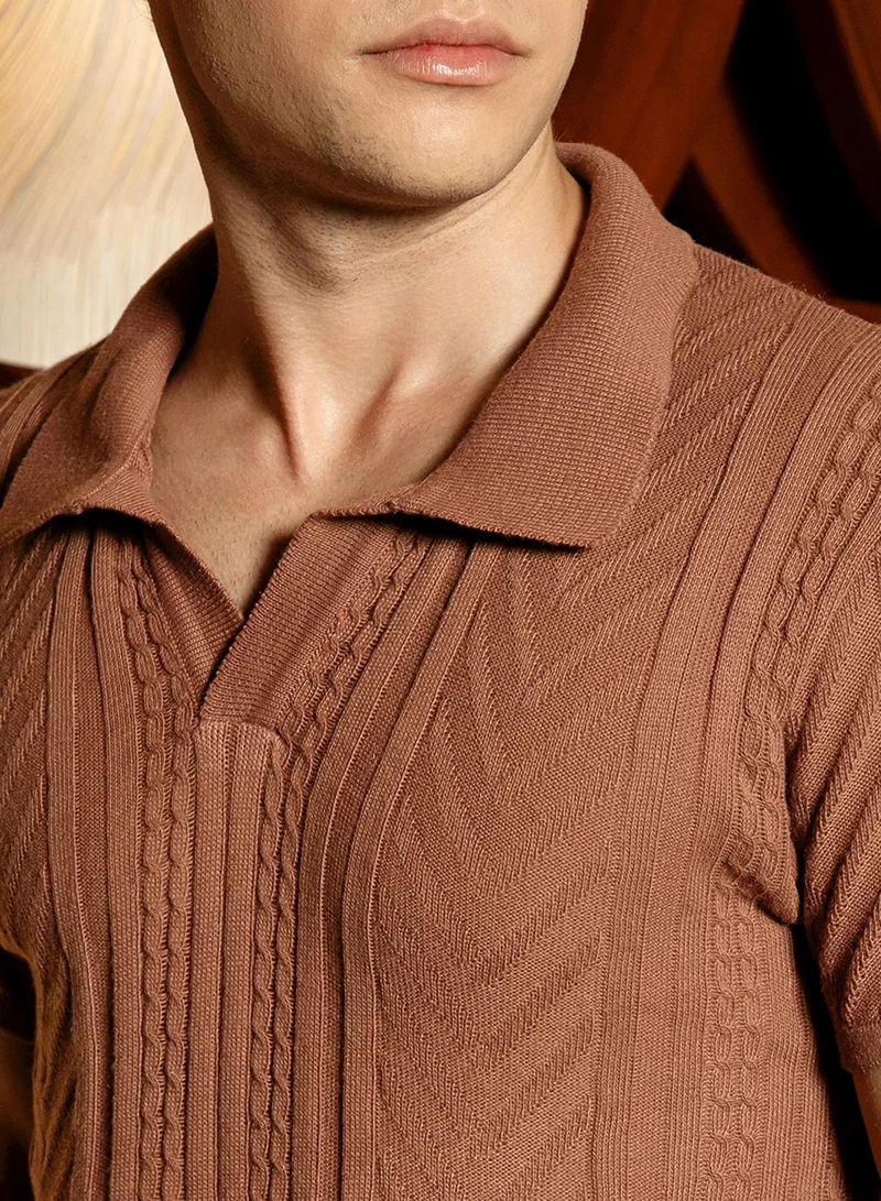 Campus Sutra Men's Russet Brown Striped-Textured Polo T-Shirt