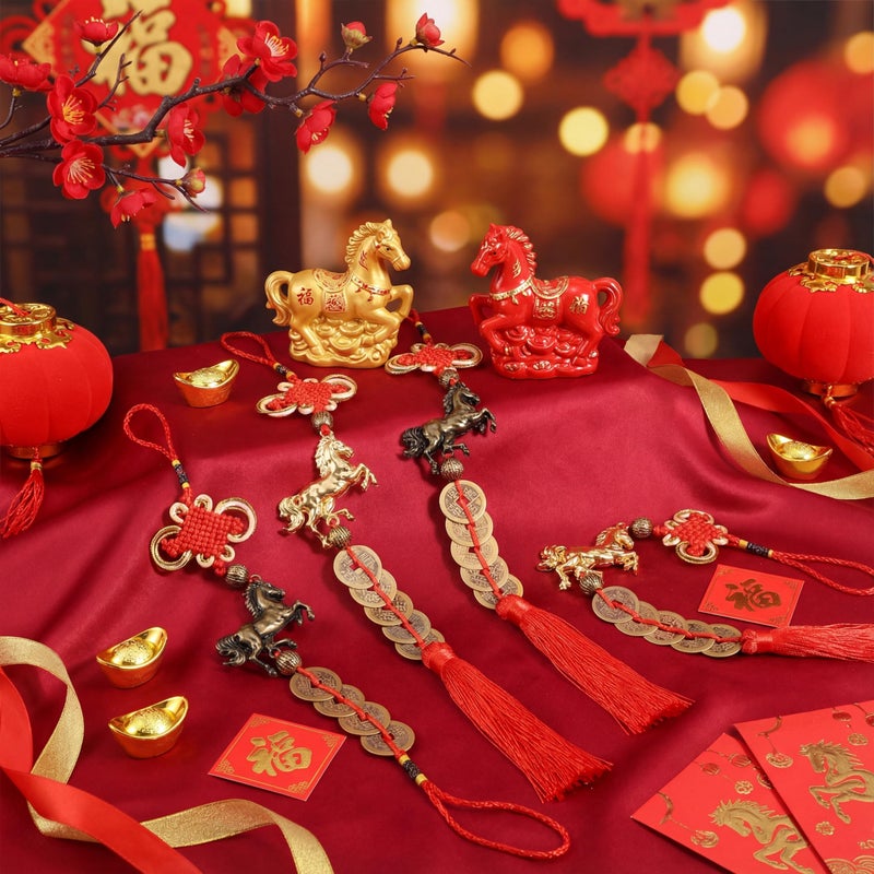 TFTAFAN 2026 Chinese New Year Horse Charms Lucky Horse Charms with Feng Shui Coins Red Hanging Tassels Ornaments Chinese Knot New Year Decorations for Home Wealth Success Good Luck (12) - Image 3
