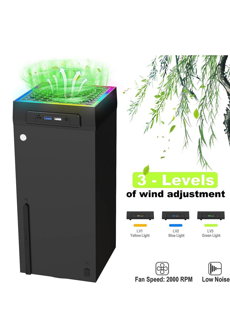 Cooling Fan Dustproof for Xbox Series X with RGB LED Light Strip, with Rubber Dust Plugs, 3-Speed Adjustable Top Fan, Cooler & Light Independent Touch Switch, Low Noise, Extra 2 USB Port