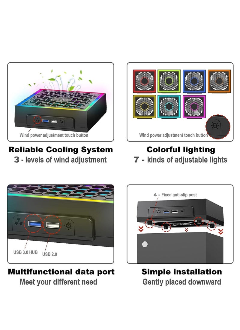 Cooling Fan Dustproof for Xbox Series X with RGB LED Light Strip, with Rubber Dust Plugs, 3-Speed Adjustable Top Fan, Cooler & Light Independent Touch Switch, Low Noise, Extra 2 USB Port
