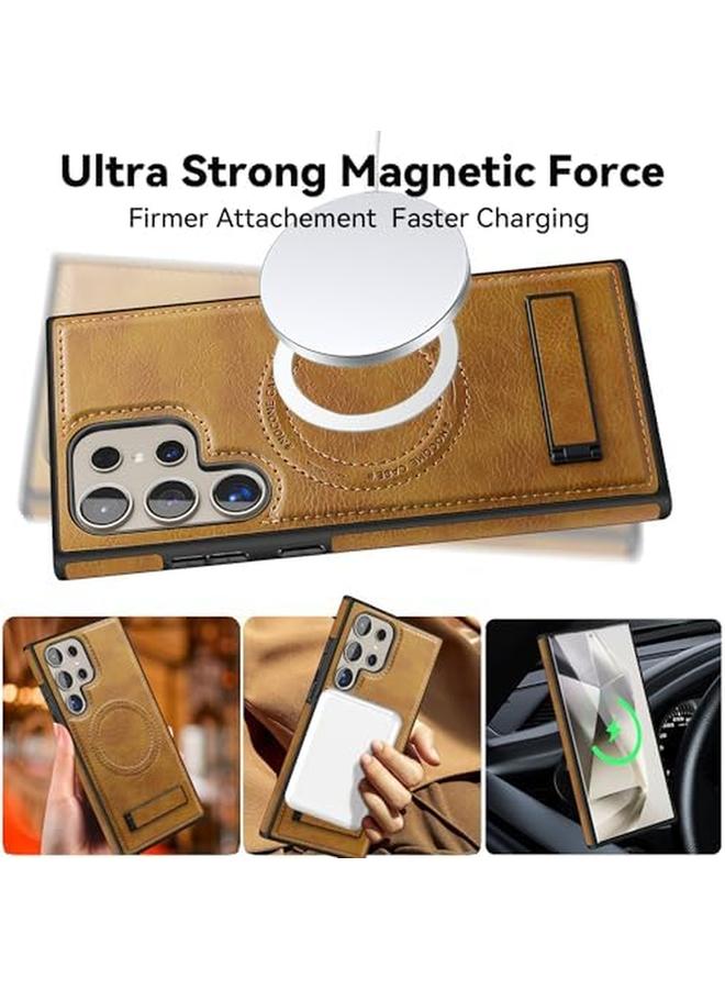 erorex Faux Leather Magnetic For Samsung Galaxy S24 Ultra Case，Compatible With Mag Safe Wireless Charging Adjustable Kickstand Shockproof And Wear Resistant Samsung Galaxy S24 Ultra Cover Brown  - Image 2