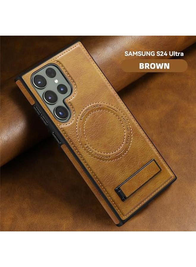 erorex Faux Leather Magnetic For Samsung Galaxy S24 Ultra Case，Compatible With Mag Safe Wireless Charging Adjustable Kickstand Shockproof And Wear Resistant Samsung Galaxy S24 Ultra Cover Brown  - Image 3