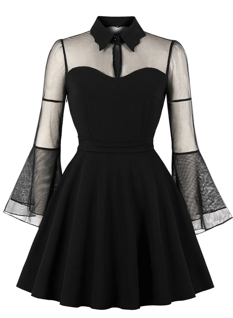 Mesh embroidery flared sleeve patchwork vintage dress - Image 1