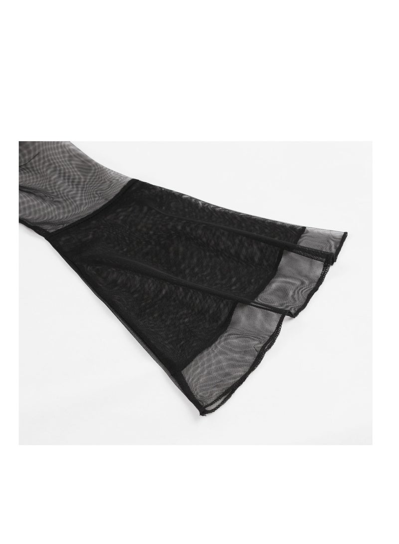 Mesh embroidery flared sleeve patchwork vintage dress - Image 3