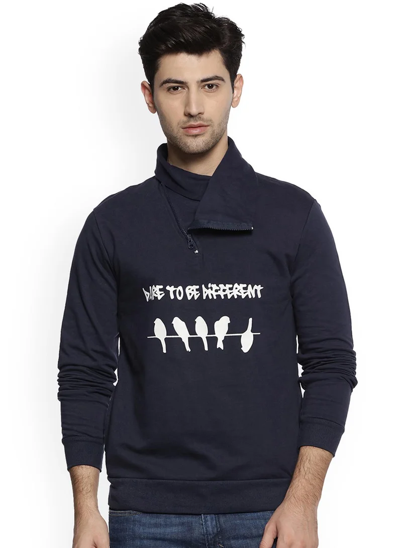 Campus Sutra Men's Midnight Blue To-Be-Different Print Asymmetrical Sweatshirt