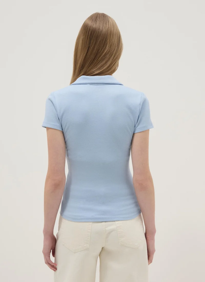 Ovs  OVS Sky Blue Stretch Cotton Polo Regular Fit Deep V-Neck for Women | Best Price UAE
