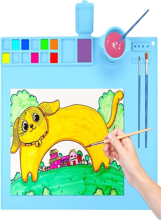 BeFunky حصيرة الرسم المصنوعة من السيليكون من BeFunky مع كوب، حصيرة الرسم للأعمال اليدوية، حصيرة الفنان مع حاملات الفرش كهدية للأطفال، الصلصال، إبداعات DIY ومعجون اللعب (أزرق) - Image 1