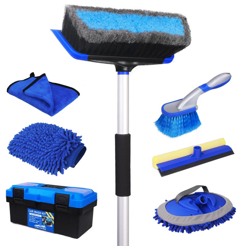 NIKCOSMK 62 Car Wash Brush with Long Handle Car Wash Kit with Tire Brush Tower Window Squeegee Chenille Microfiber Car Wash Mop Mitt Car Cleaning Brush Kit Supplies for Car Truck SUV RV