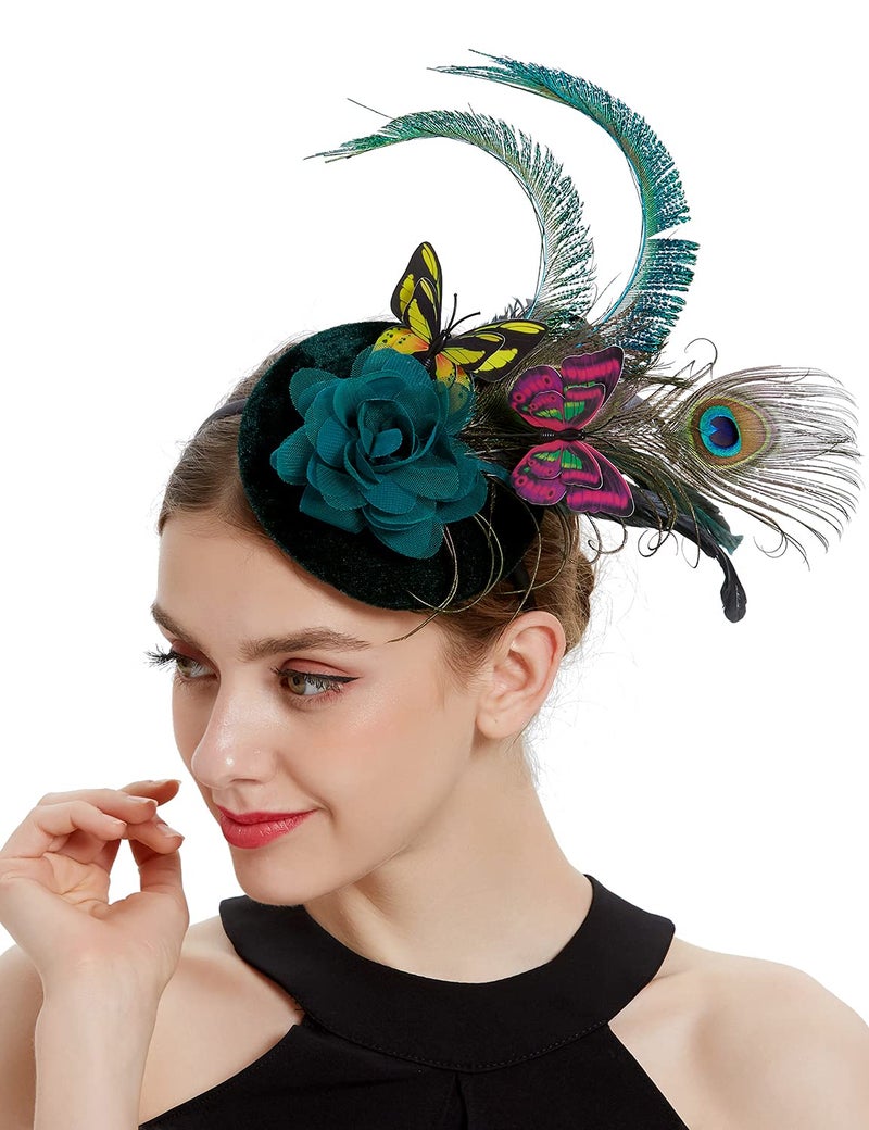 Coucoland Fascinators Hat for Women Pillbox Tea Party Hat Derby Butterfly Feather Cocktail Fascinator Headband Dark Green - Image 1