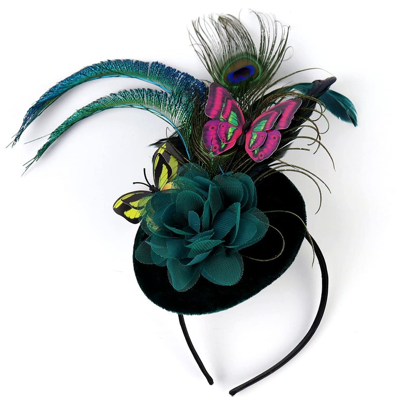 Coucoland Fascinators Hat for Women Pillbox Tea Party Hat Derby Butterfly Feather Cocktail Fascinator Headband Dark Green - Image 2