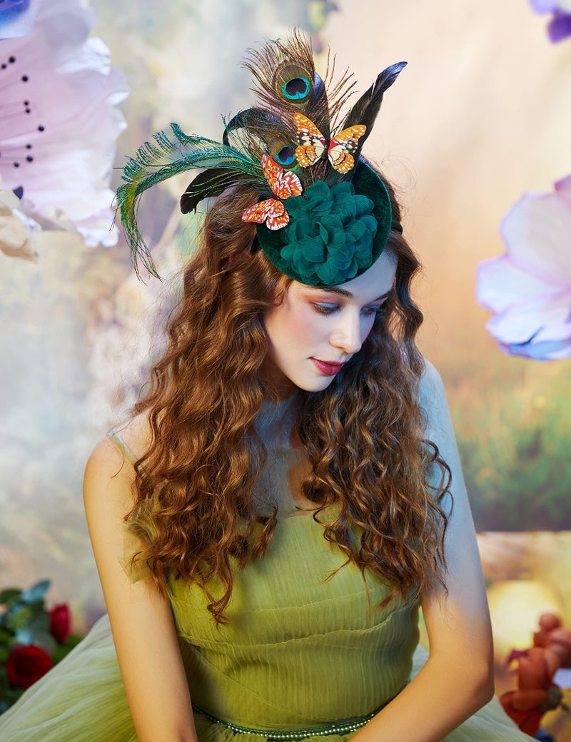 Coucoland Fascinators Hat for Women Pillbox Tea Party Hat Derby Butterfly Feather Cocktail Fascinator Headband Dark Green - Image 5