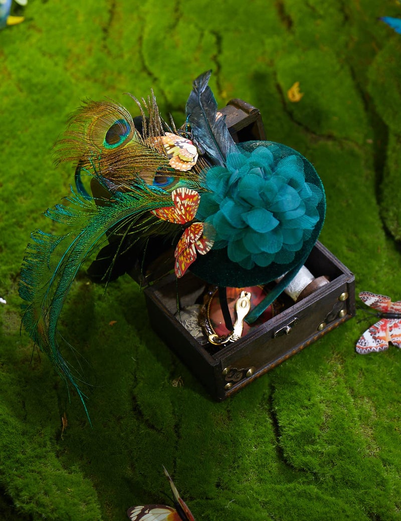 Coucoland Fascinators Hat for Women Pillbox Tea Party Hat Derby Butterfly Feather Cocktail Fascinator Headband Dark Green - Image 4