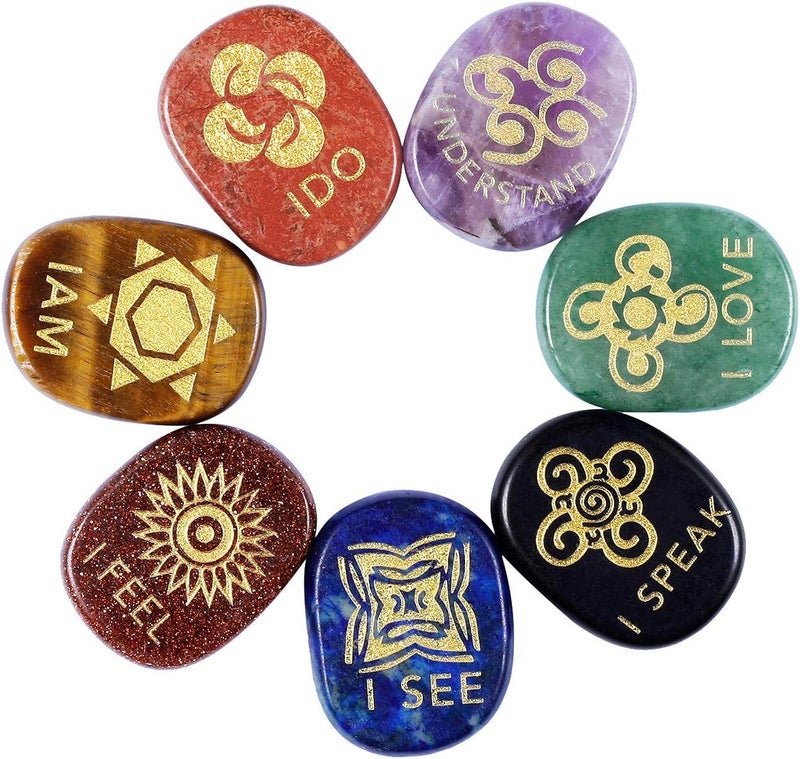 mookaitedecor 7 Piece Chakra Stones Engraved English Symbols Polished Palm Stones for Reiki Crystal Healing