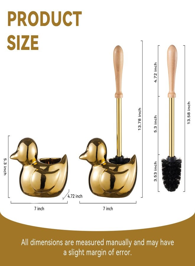 BASDHE Duck Toilet Brush and Holder Set - Ceramic Bathroom Toilet Scrubber Brush Organizer with Wooden & Stainless SteelHandle, Gold Toilet Brush & Cute Duck Design for Bath Decor Storage - Image 2