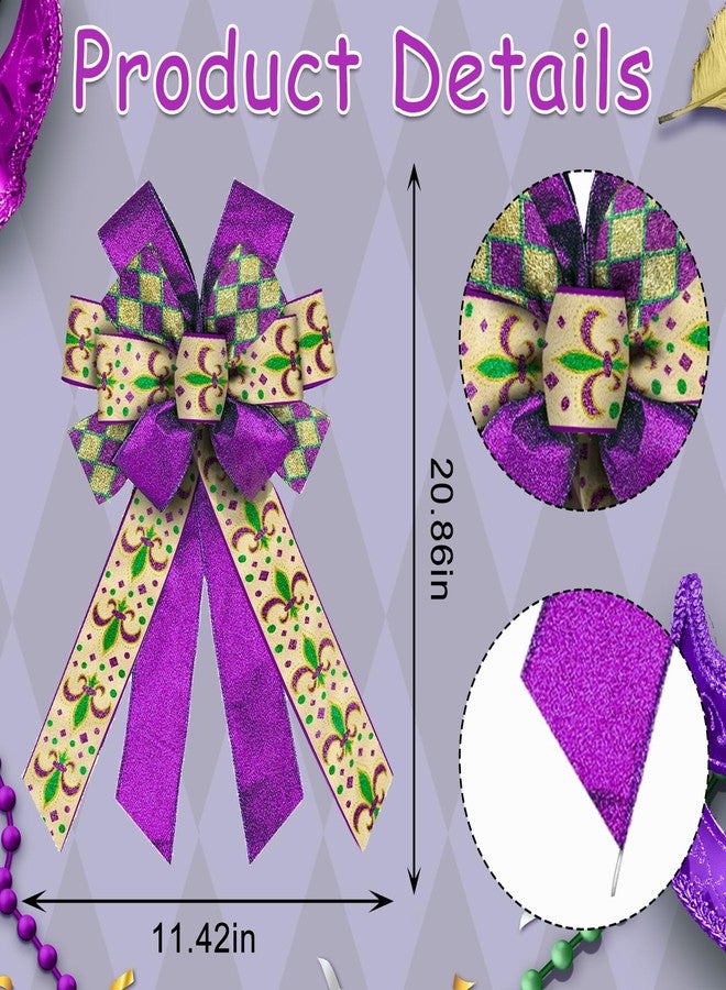 ALIBBON Large Mardi Gras Bows for Wreaths, Mardi Gras Wreath Bows, Flaxen Fleur de Lis Bows, Glitter Purple Bows for Front Door, Mardi Gras Decorations Bows for Mardi Gras Carnival Decor - Image 2