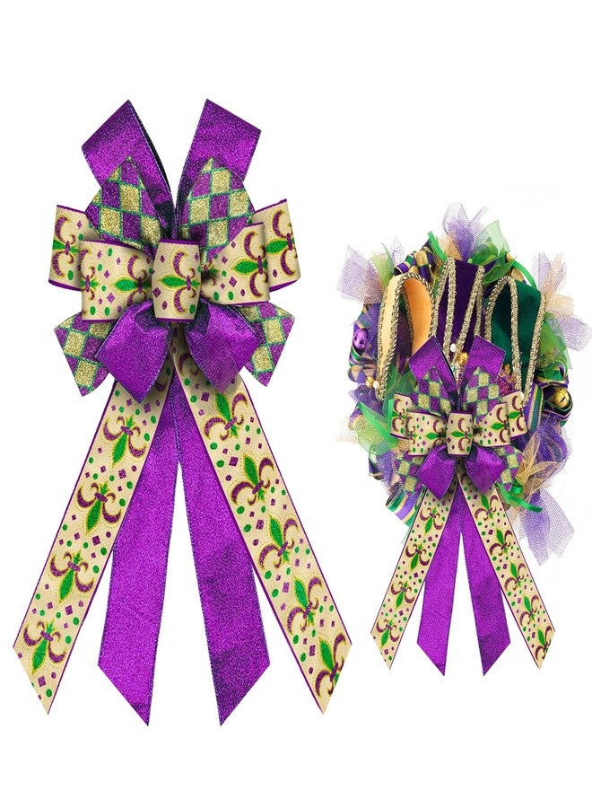 ALIBBON Large Mardi Gras Bows for Wreaths, Mardi Gras Wreath Bows, Flaxen Fleur de Lis Bows, Glitter Purple Bows for Front Door, Mardi Gras Decorations Bows for Mardi Gras Carnival Decor - Image 1