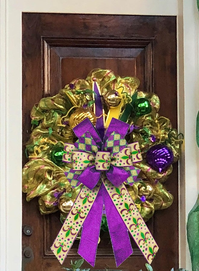 ALIBBON Large Mardi Gras Bows for Wreaths, Mardi Gras Wreath Bows, Flaxen Fleur de Lis Bows, Glitter Purple Bows for Front Door, Mardi Gras Decorations Bows for Mardi Gras Carnival Decor - Image 3