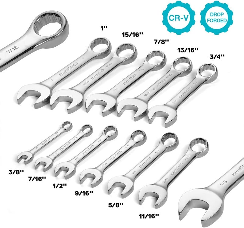 DURATECH Stubby Combination Wrench Set, SAE, 11-piece, 3/8'' to 1'', 12-Point, CR-V Steel, with Rolling Pouch - Image 2