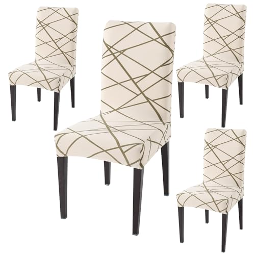 Styleys Polyester Printed Washable Elastic Dining Chair Cover Slipcovers (Set of 4 Beige Line, SD110A) - Image 1