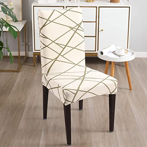 Styleys Polyester Printed Washable Elastic Dining Chair Cover Slipcovers (Set of 4 Beige Line, SD110A) - Image 2