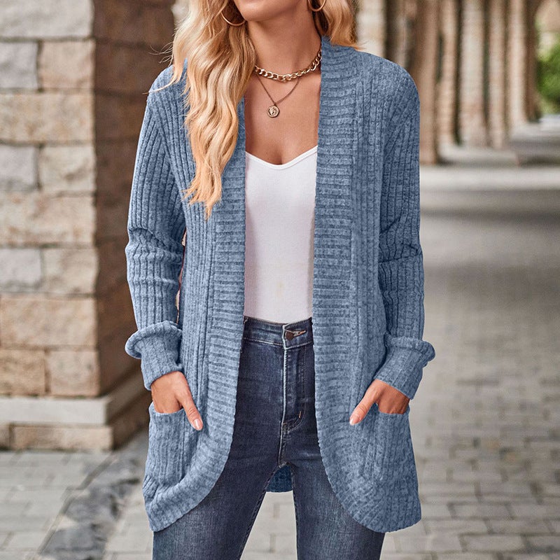 Long-Sleeved Cardigan Jacket 2025 New Solid Color Ribbed Brushed Patchwork Long-Sleeved Jacket - Image 1