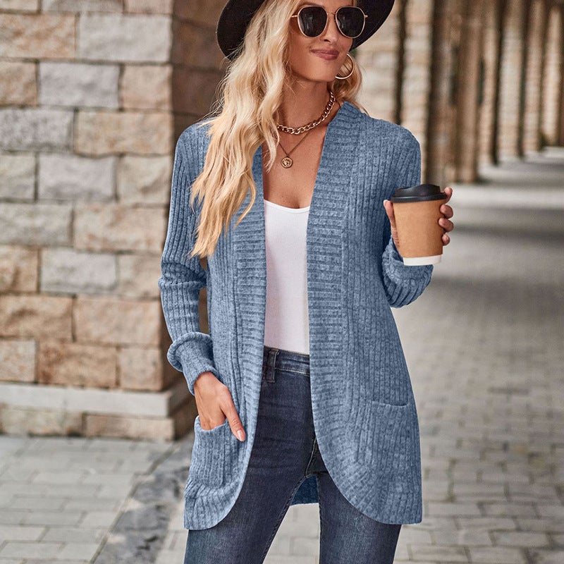 Long-Sleeved Cardigan Jacket 2025 New Solid Color Ribbed Brushed Patchwork Long-Sleeved Jacket - Image 2