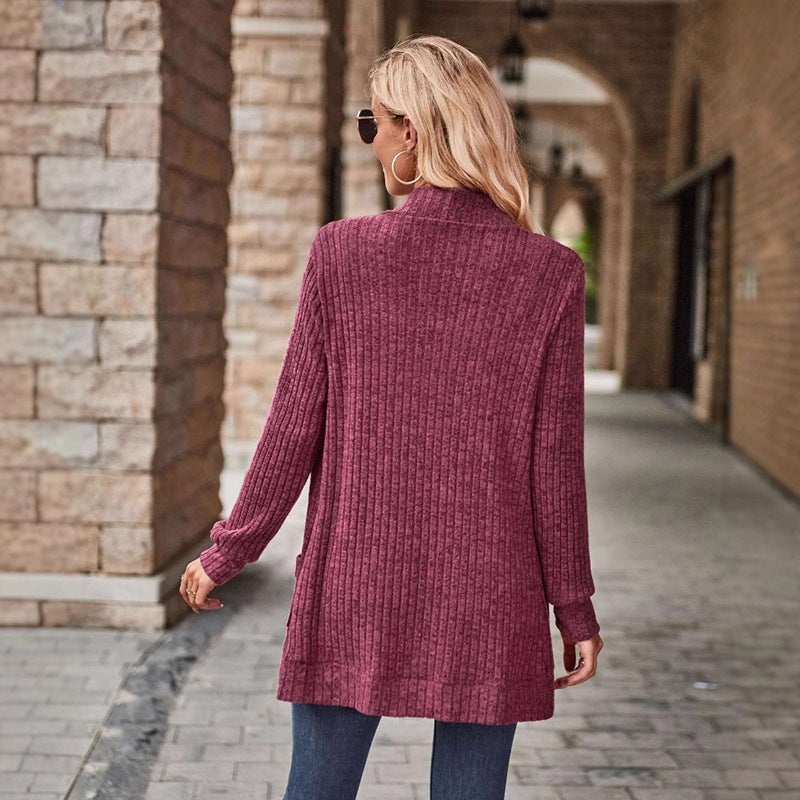 Long-Sleeved Cardigan Jacket 2025 New Solid Color Ribbed Brushed Patchwork Long-Sleeved Jacket - Image 5