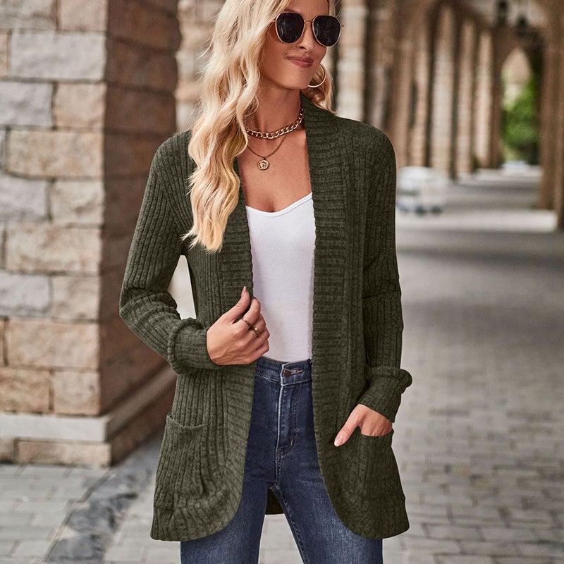 Long-Sleeved Cardigan Jacket 2025 New Solid Color Ribbed Brushed Patchwork Long-Sleeved Jacket - Image 4