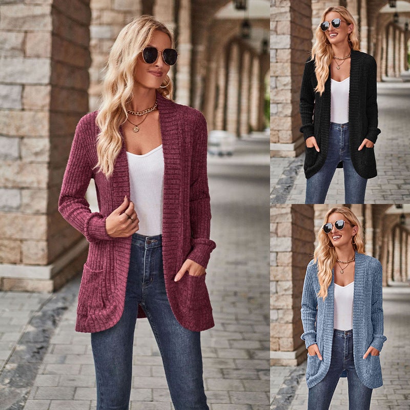 Long-Sleeved Cardigan Jacket 2025 New Solid Color Ribbed Brushed Patchwork Long-Sleeved Jacket - Image 3