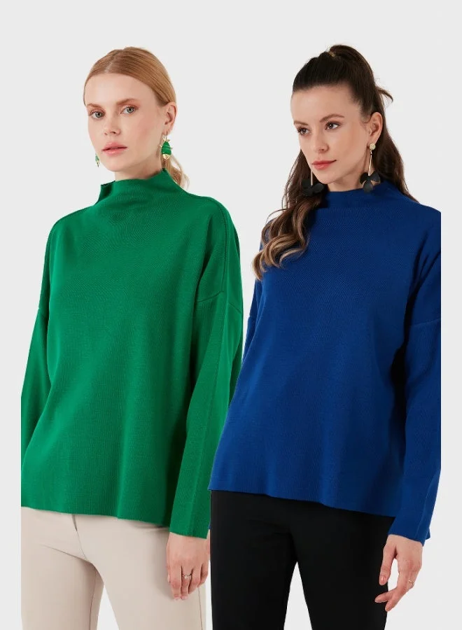 Lela Lela Cotton Long Back Standing Collar 2-Pack Knitwear Sweater Women's SWEATER 4615002S2