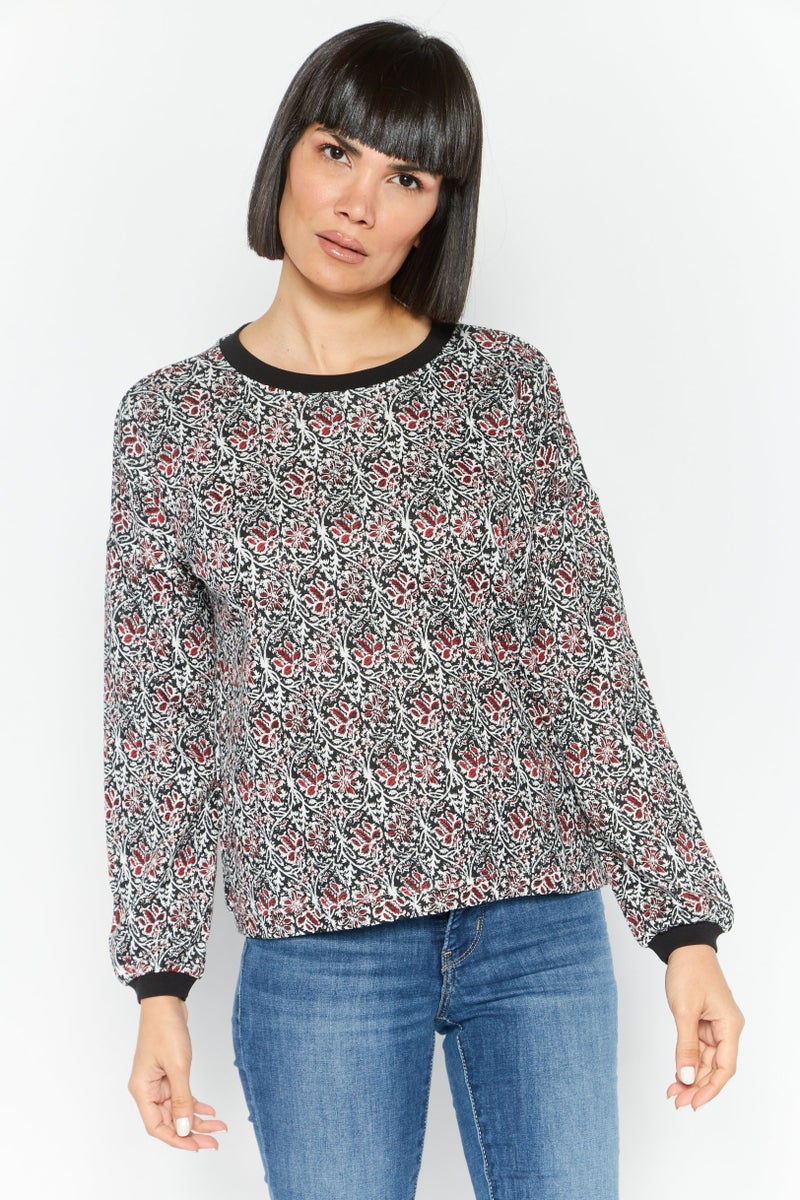 Etam Women Allover Print Long Sleeve Sweater, Black - Image 1