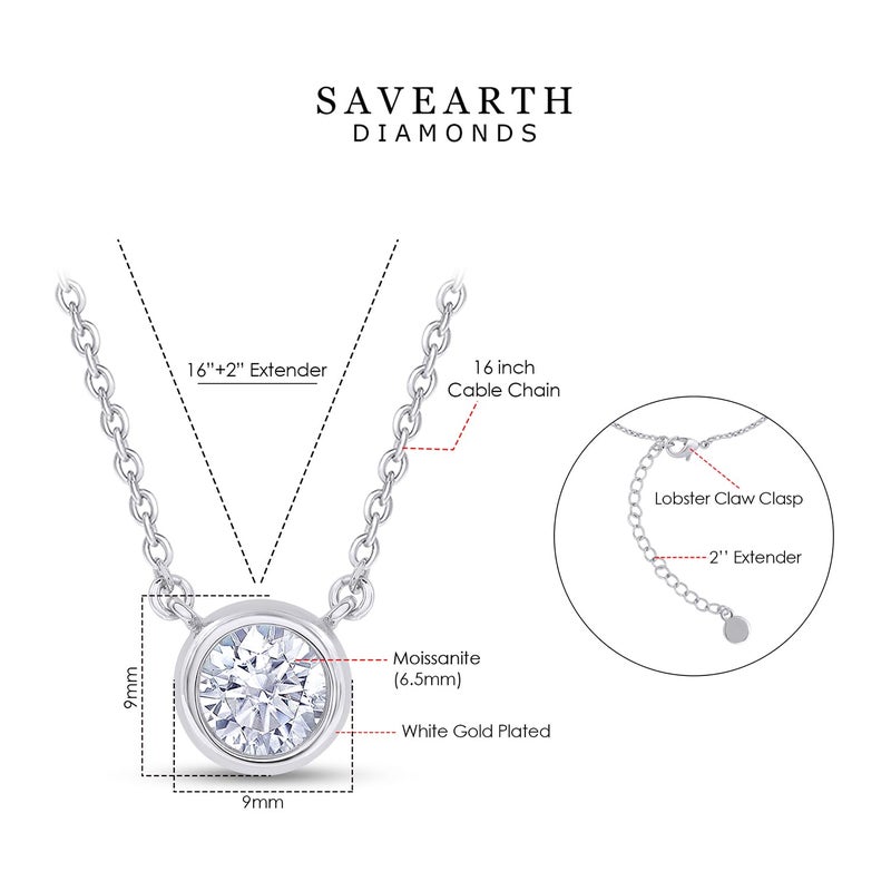 SAVEARTH DIAMONDS Solitaire Pendant Necklace for Women 6.5MM Round Lab Created Moissanite Bezel-Set Choker Necklace in 18K White Gold Plated Jewelry Gift for Her (16"+2â€ Adjustable Chain) - Image 2