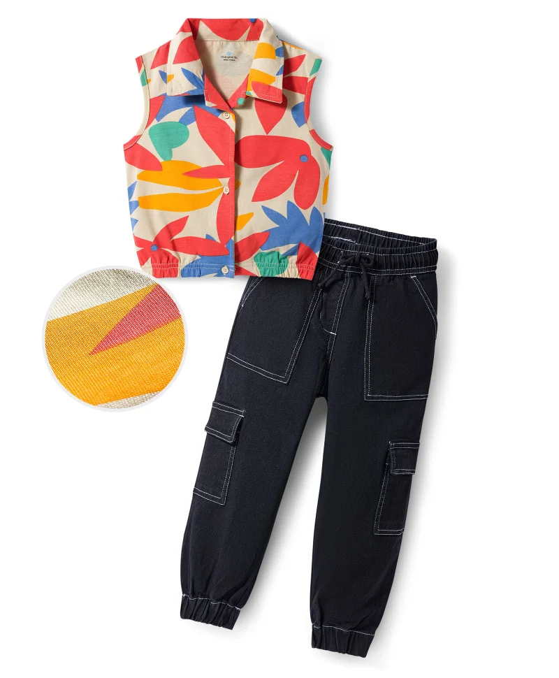 Ollington St. Ollington St. 100% Cotton Knit Printed Sleeveless Top & Denim Joggers Set - Red & Black