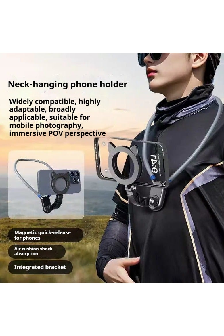 Magnetic Neck Mount for Phones, Neck Cell Phone Holder POV/Vlog Selfie Mount, Hand Free Phone Neck Holder Chest Stand Strap Video Recording for iPhone 15 14 13 12 Seires Android Phones (Grey) - Image 2
