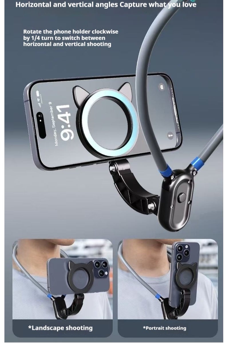 Magnetic Neck Mount for Phones, Neck Cell Phone Holder POV/Vlog Selfie Mount, Hand Free Phone Neck Holder Chest Stand Strap Video Recording for iPhone 15 14 13 12 Seires Android Phones (Grey) - Image 4