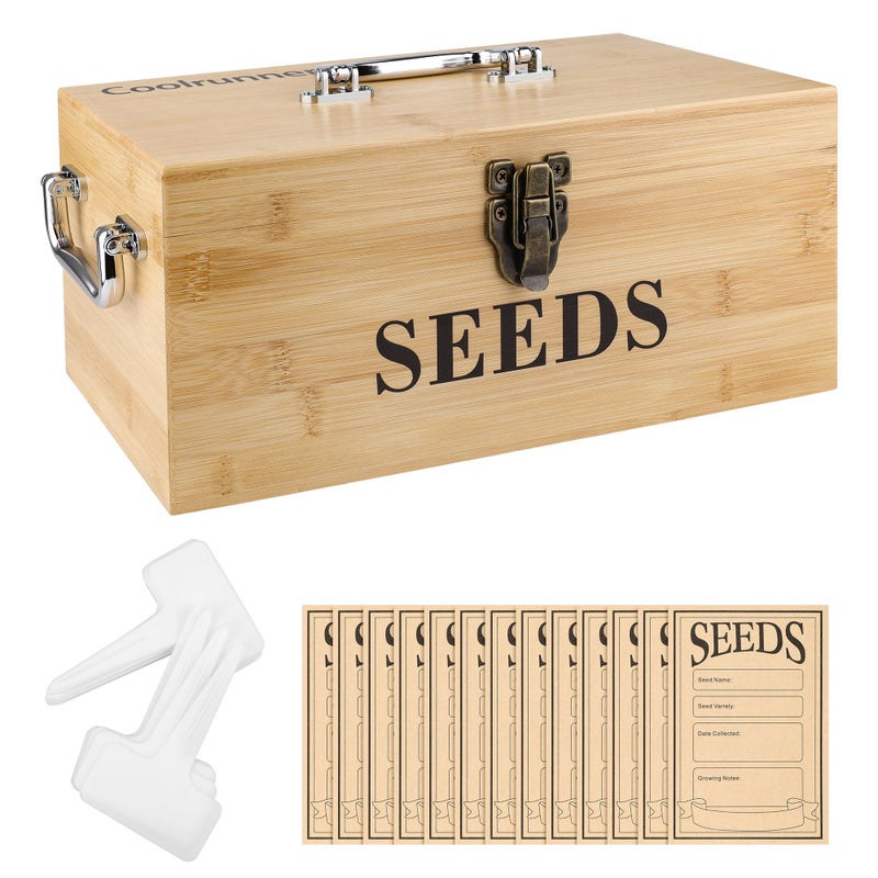 Coolrunner Wood Seed Saving Box, Seed Storage Organizer Case, Seed Packet Storage Organizer with Lock and 3 Handles, 30P Plant Labels, 30P Seeding Envelopes Bag (Natural Wood Color) - Image 1