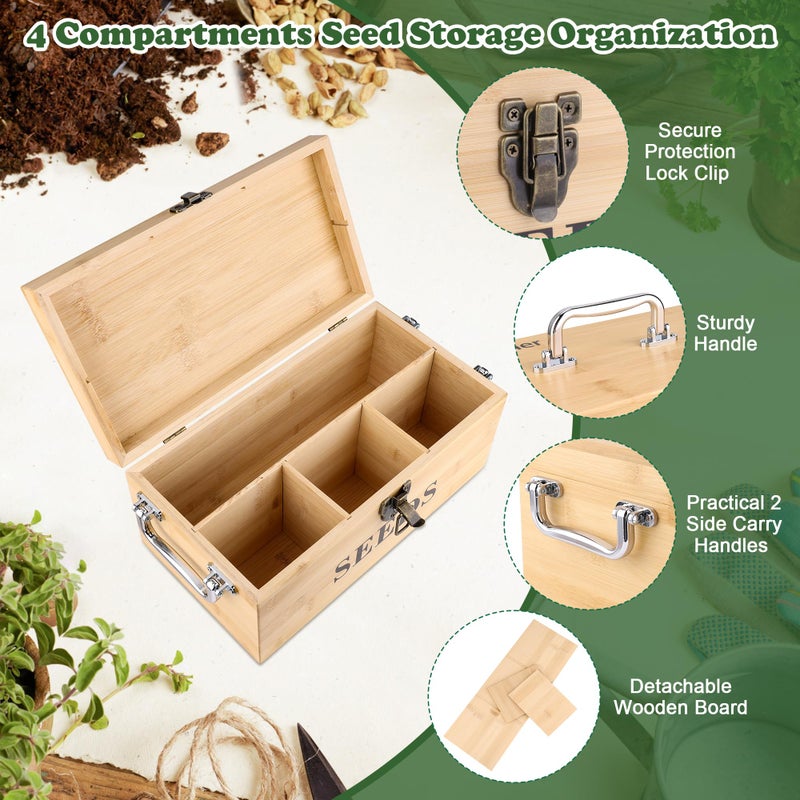 Coolrunner Wood Seed Saving Box, Seed Storage Organizer Case, Seed Packet Storage Organizer with Lock and 3 Handles, 30P Plant Labels, 30P Seeding Envelopes Bag (Natural Wood Color) - Image 3