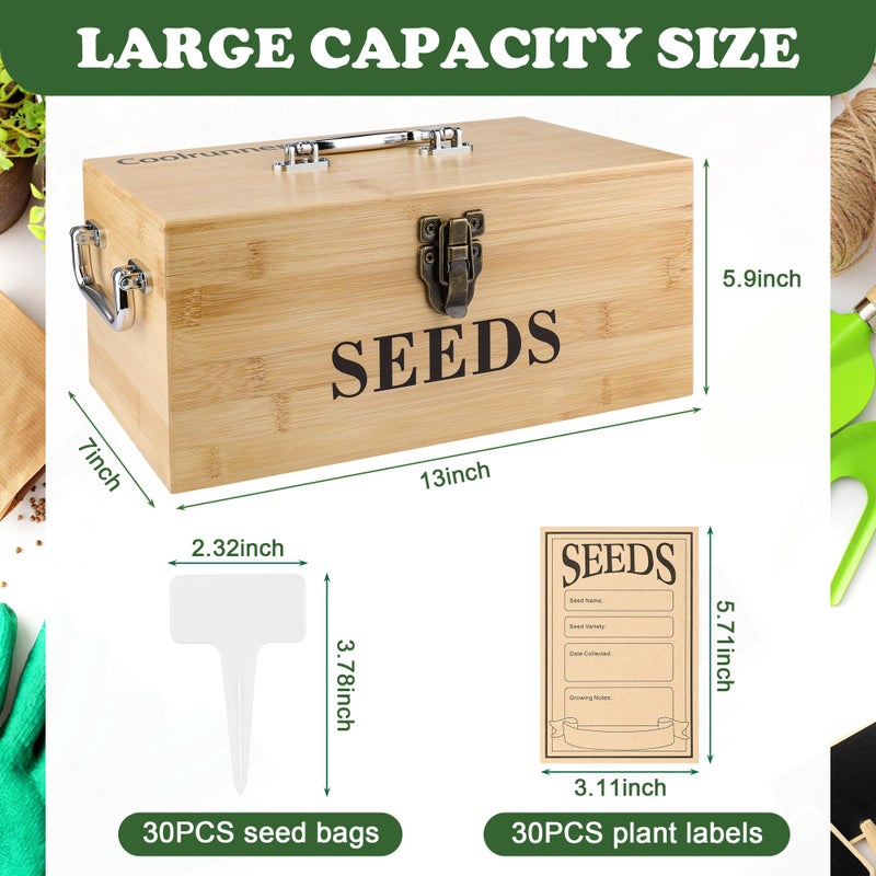 Coolrunner Wood Seed Saving Box, Seed Storage Organizer Case, Seed Packet Storage Organizer with Lock and 3 Handles, 30P Plant Labels, 30P Seeding Envelopes Bag (Natural Wood Color) - Image 2