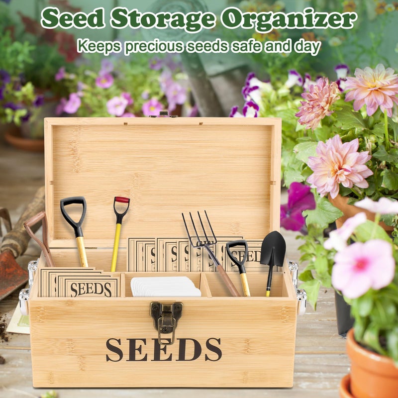 Coolrunner Wood Seed Saving Box, Seed Storage Organizer Case, Seed Packet Storage Organizer with Lock and 3 Handles, 30P Plant Labels, 30P Seeding Envelopes Bag (Natural Wood Color) - Image 4