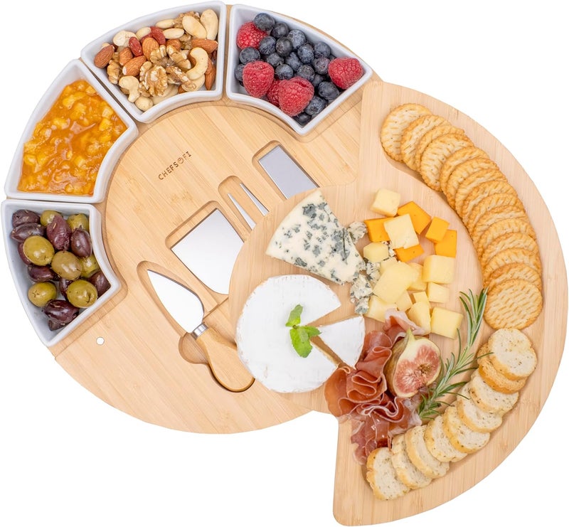ChefSofi Charcuterie Cheese Board and Platter Set  Made from Bamboo Wood  US Patented 13 inch Cheese Cutting Board and Knife for Entertaining and Serving  4 Knives  4 Bowls - Image 1