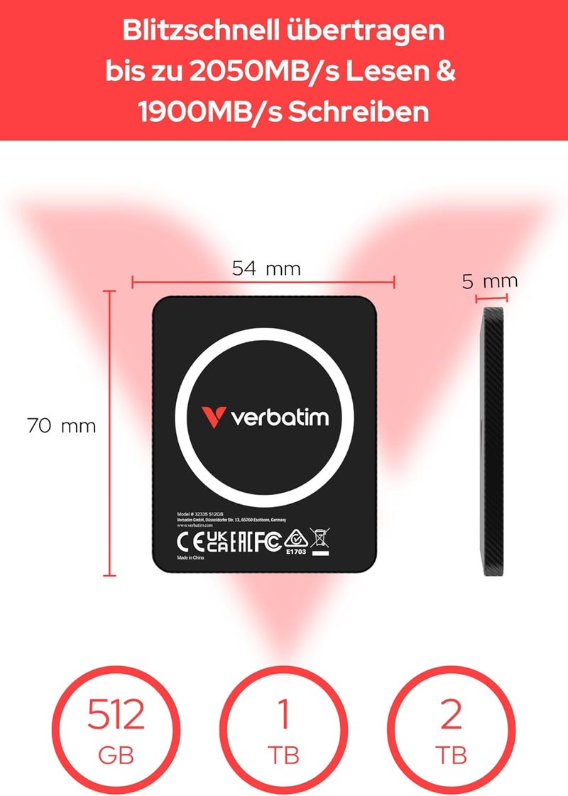 VERBATIM Snapback SSD UltraSlim 512GB, Magsafe, External Hard Drive, Supports Apple ProRes 4K, USB 3.2 Gen 2x2, up to 2050MB/s Read/Write, External SSD with Cable for iPhone 17, Android, PC & Mac - Image 3