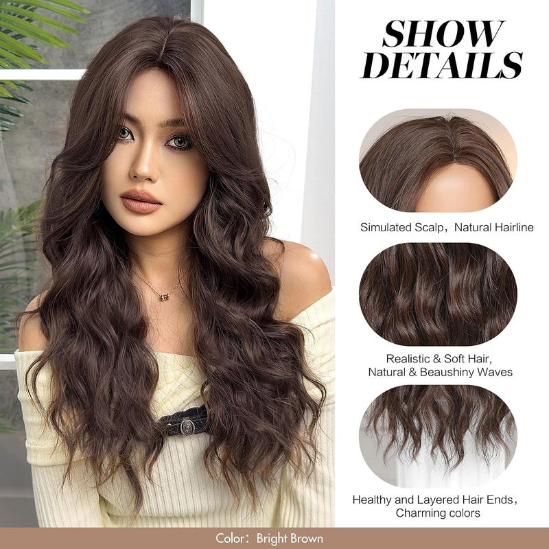 OMELPIS Priority based order prep 7.5 * 9cm Lace Front Bright Brown Long Wavy Wigs for Women Natural Water Wave Middle Part Heat Resistant Synthetic Fiber Wig Curly Hair for Daily Dating Family Gathering Party 71cm Wide use selected material - Image 2