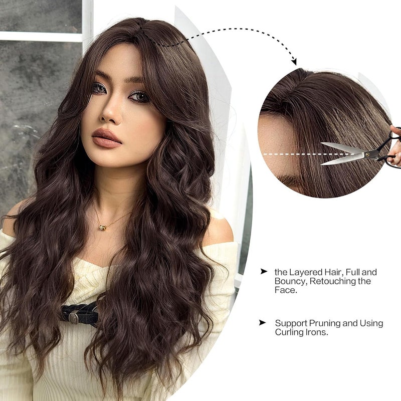OMELPIS Priority based order prep 7.5 * 9cm Lace Front Bright Brown Long Wavy Wigs for Women Natural Water Wave Middle Part Heat Resistant Synthetic Fiber Wig Curly Hair for Daily Dating Family Gathering Party 71cm Wide use selected material - Image 3